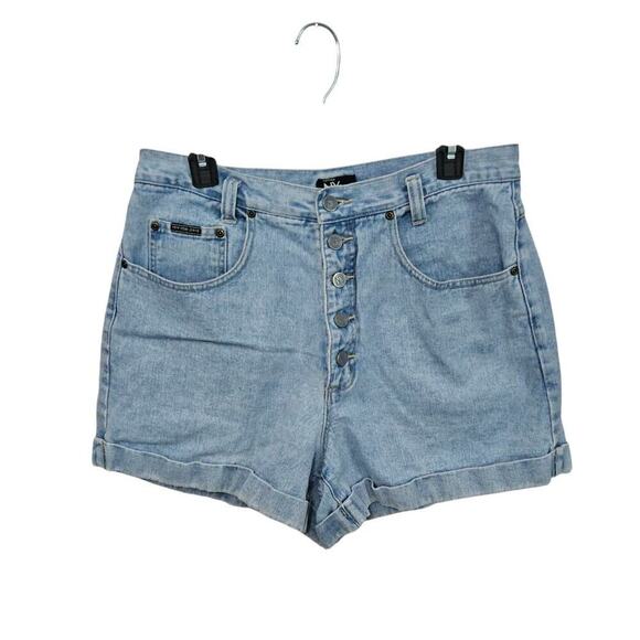 High Waisted Button Front Womens Shorts Sz 14 Large Light Blue Denim Rolled Hem - Picture 1 of 4